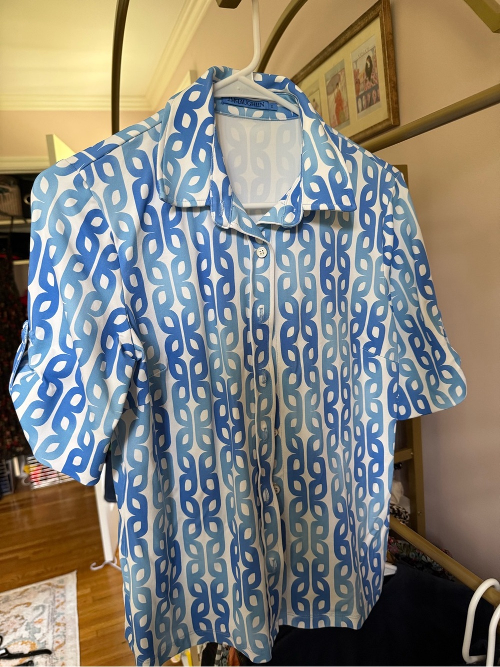 J. McLaughlin Blue and White Chain-Link Button-Down Shirt